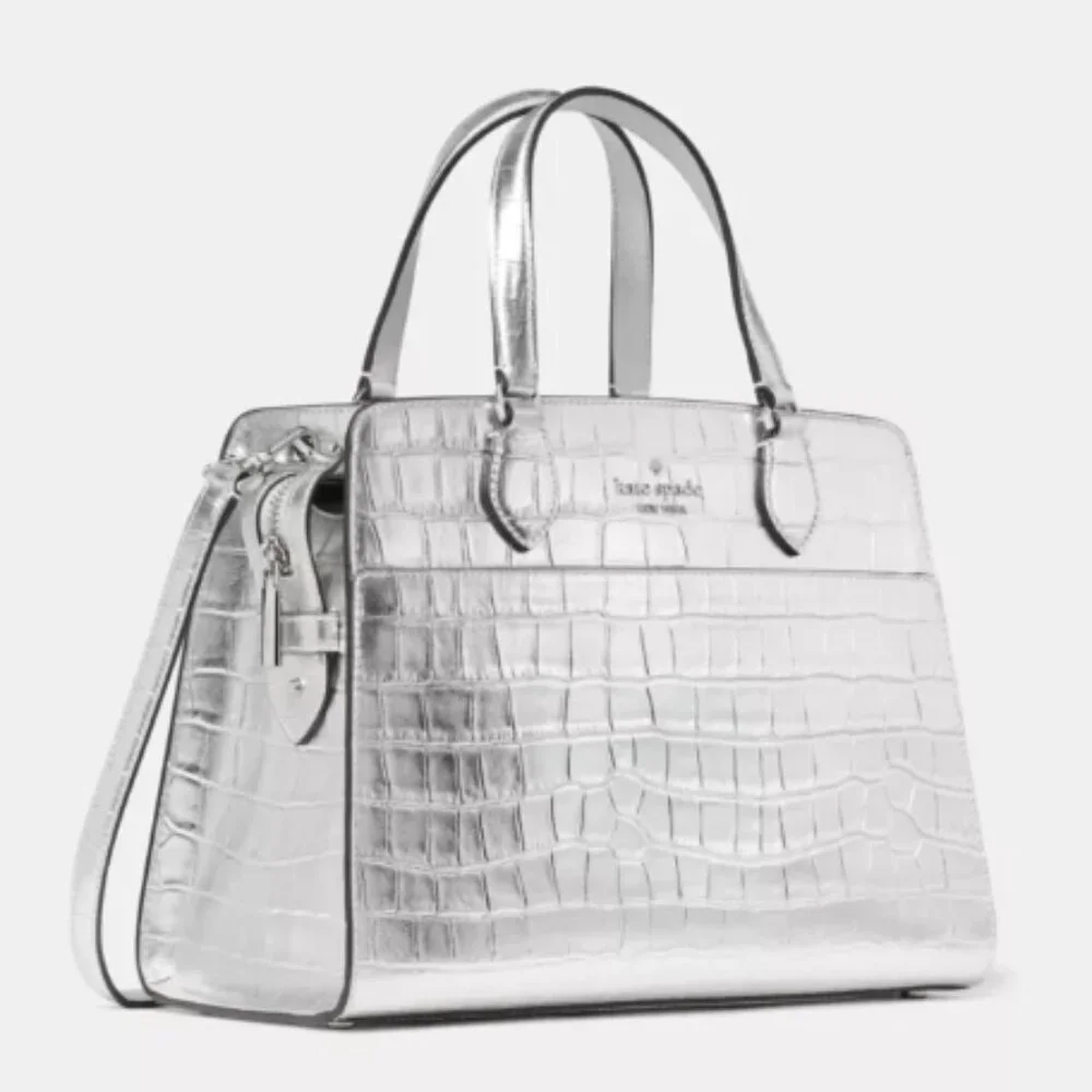 Kate Spade Madison Metallic Croc Embossed Medium Satchel – Silver – NWT